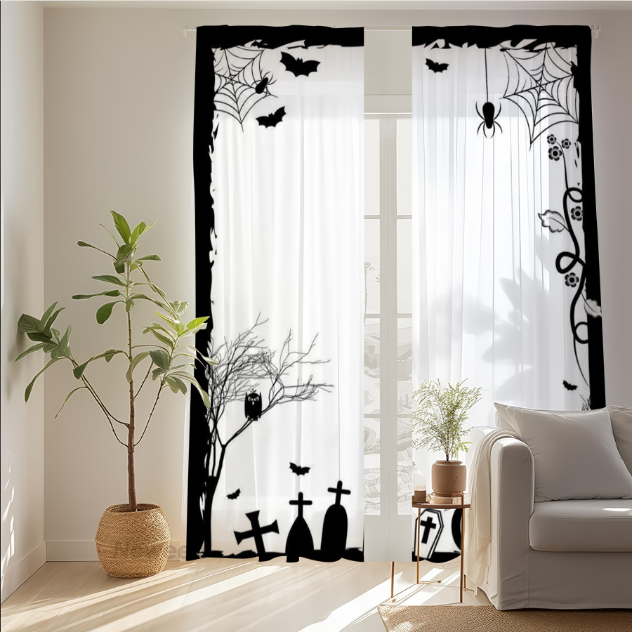 2PCS Digital Print Sheer Curta - Spider Web Halloween Decoration ulasan dan harga